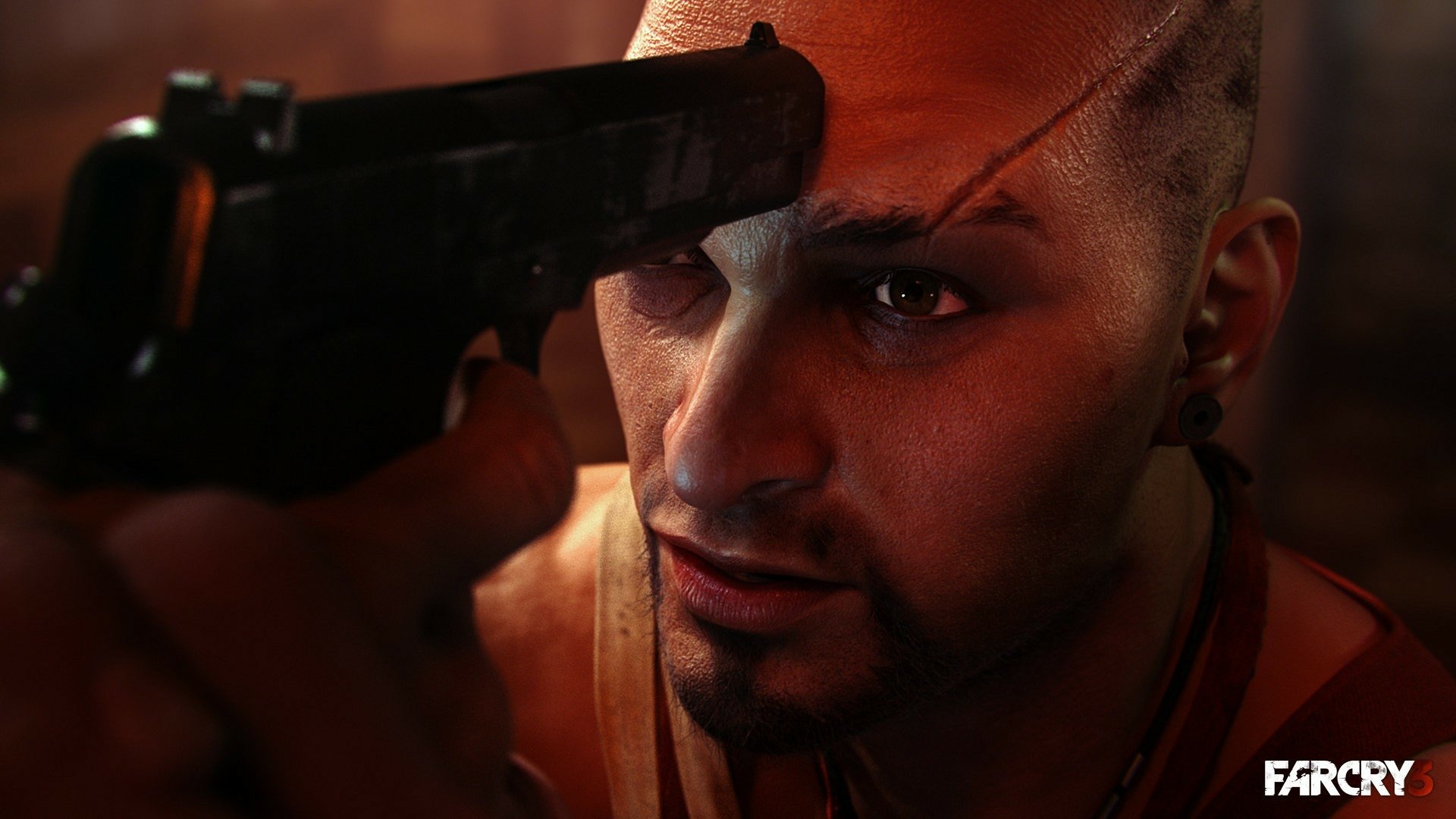 A close-up of a character from Far Cry 3, aiming a gun at his own forehead, set against a dramatic backdrop, showcasing intense emotions and the game's signature art style.