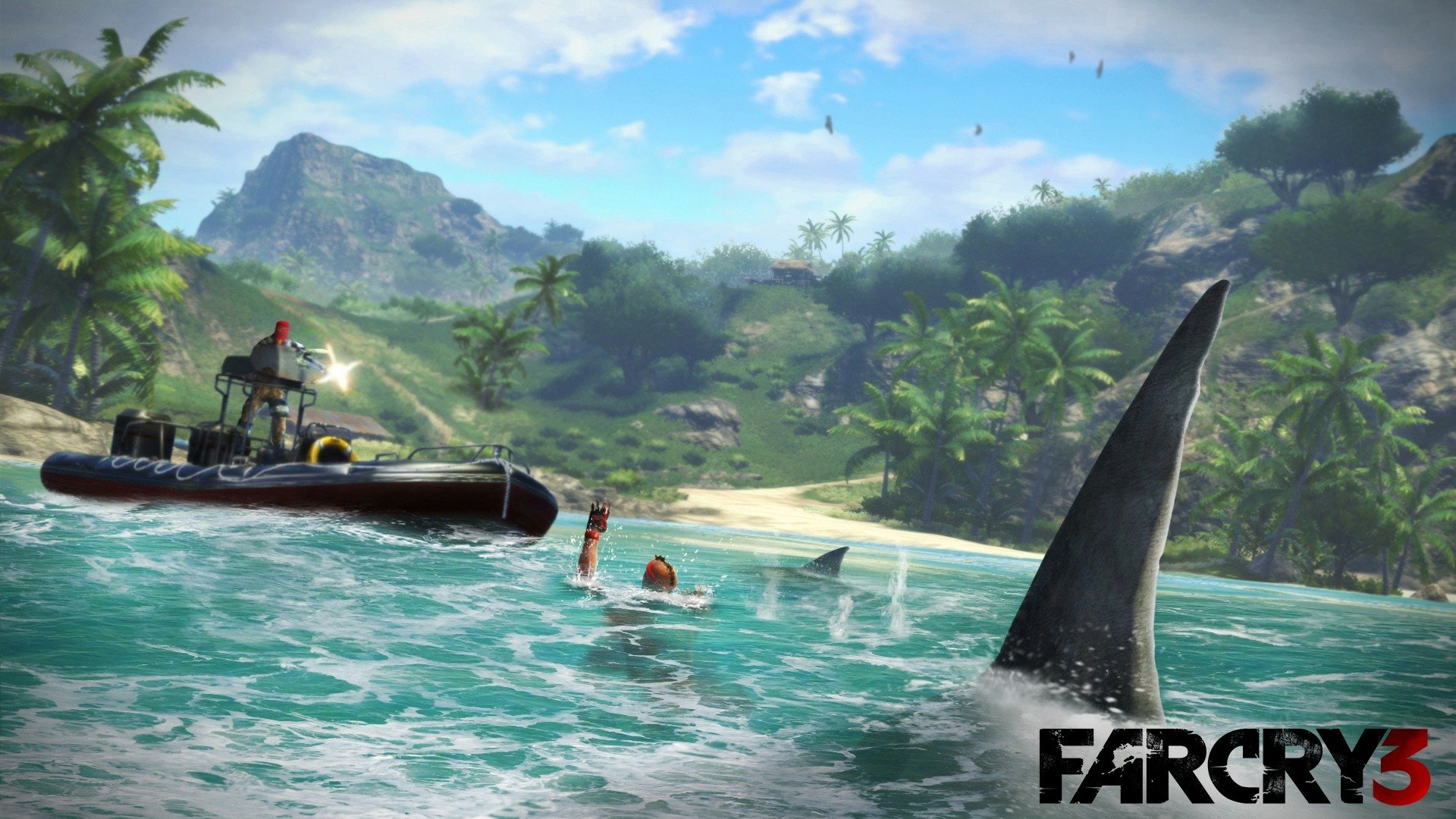HD PC desktop wallpaper from the video game Far Cry 3 featuring a tropical island scene with a shark fin approaching a swimmer near a boat.