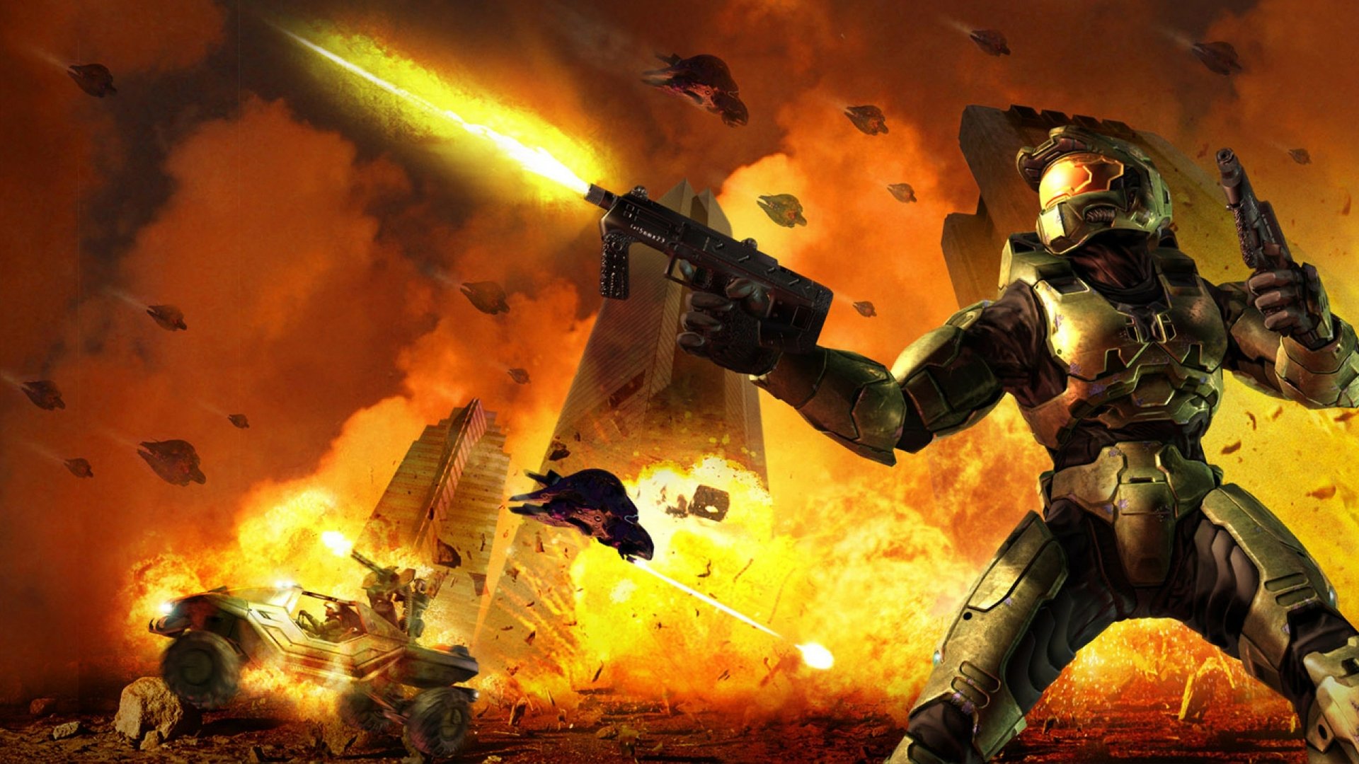 HD PC desktop wallpaper featuring intense battle action from the video game Halo 2, showcasing a Spartan soldier firing amidst an explosive, fiery battlefield.