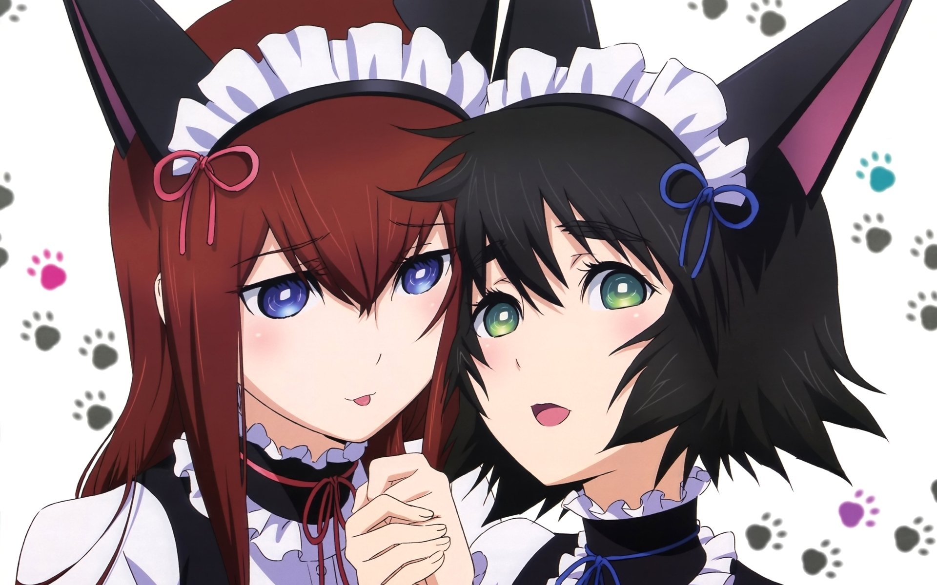 Kurisu Makise and Mayuri Shiina from Steins;Gate are illustrated in a playful, cute style, featuring their iconic cat ear accessories against a soft paw print background. HD wallpaper.