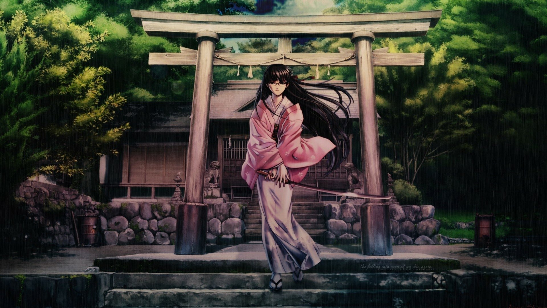 Anime-style HD desktop wallpaper of a woman in a pink kimono holding a katana, standing in front of a torii gate with lush greenery and rain, inspired by Black Lagoon.