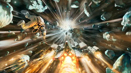 HD PC wallpaper by Paul Phippen titled Into the Comet's Tail featuring a sci-fi scene with an astronaut and a spaceship navigating through a comet's debris field.