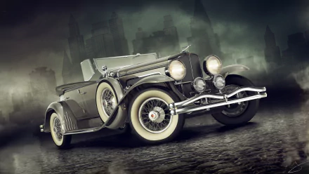 Classic Duesenberg Model J convertible parked on a cobblestone street, featured as an HD PC desktop wallpaper and background with a moody urban backdrop.