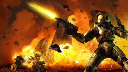 HD PC desktop wallpaper featuring intense battle action from the video game Halo 2, showcasing a Spartan soldier firing amidst an explosive, fiery battlefield.