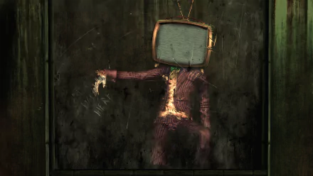 A haunting image from the video game Batman: Arkham Asylum, featuring a figure in a suit with a television for a head, set against a dark, textured background.
