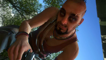 Vaas Montenegro from Far Cry 3 is featured in this HD PC desktop wallpaper, showcasing his intense gaze and distinct style against a vibrant background.
