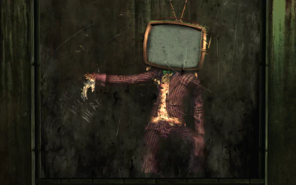 A haunting image from the video game Batman: Arkham Asylum, featuring a figure in a suit with a television for a head, set against a dark, textured background.