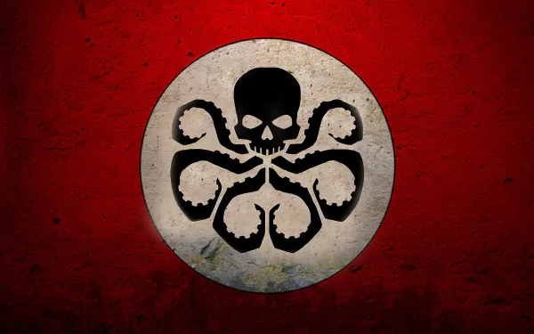 A striking comic-style illustration featuring a Hydra symbol, with a skull at the center and octopus-like tentacles, set against a red textured background, serving as an HD desktop wallpaper.