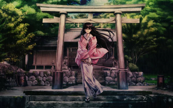 Anime-style HD desktop wallpaper of a woman in a pink kimono holding a katana, standing in front of a torii gate with lush greenery and rain, inspired by Black Lagoon.