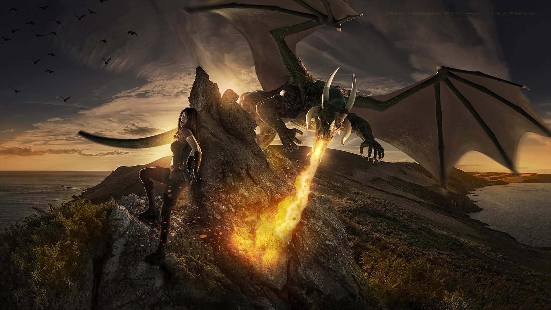 Download CGI Landscape Water Coast Flame Fantasy Dragon HD Wallpaper by ...