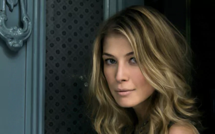 HD desktop wallpaper featuring Rosamund Pike with a captivating gaze against a muted blue door background.