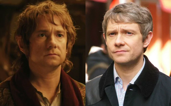 HD desktop wallpaper featuring split images of Martin Freeman as a hobbit and in a modern outfit.