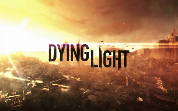 HD desktop wallpaper featuring the video game Dying Light with an atmospheric cityscape background illuminated by the sunset.