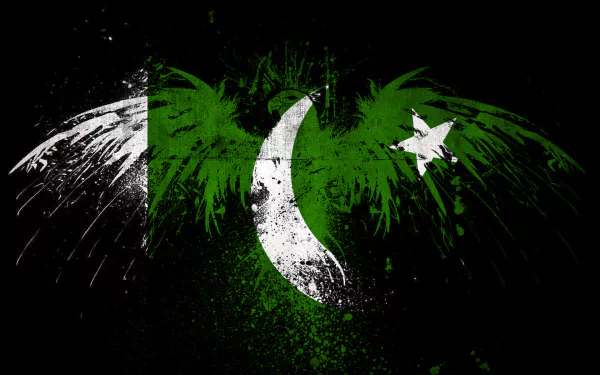 A striking HD desktop wallpaper featuring an eagle's wings with the Flag of Pakistan, blending vibrant greens and whites against a dark background.