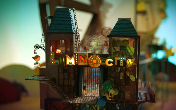 HD wallpaper of Lumino City featuring intricately designed paper houses and whimsical mechanical structures.