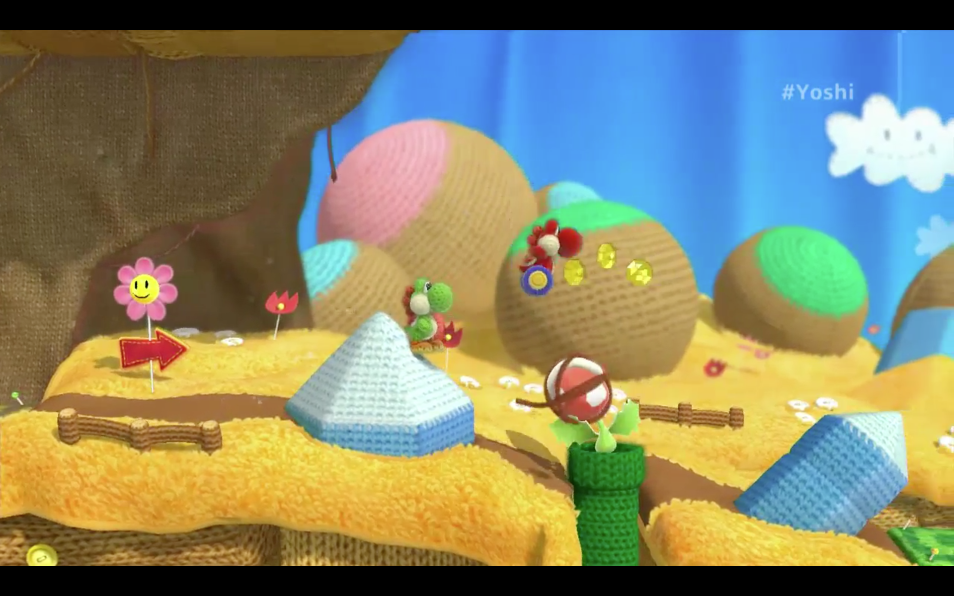 HD desktop wallpaper of Yoshi's Woolly World with Yoshi in a colorful, yarn-crafted landscape with knitted hills and flowers.