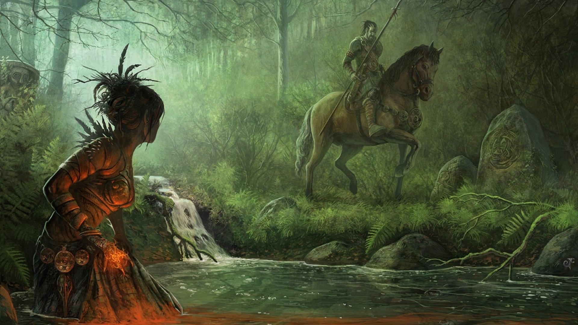 A captivating fantasy scene features a woman by a brook, surrounded by lush forest, as a horseman approaches through the mist—an enchanting HD desktop wallpaper.