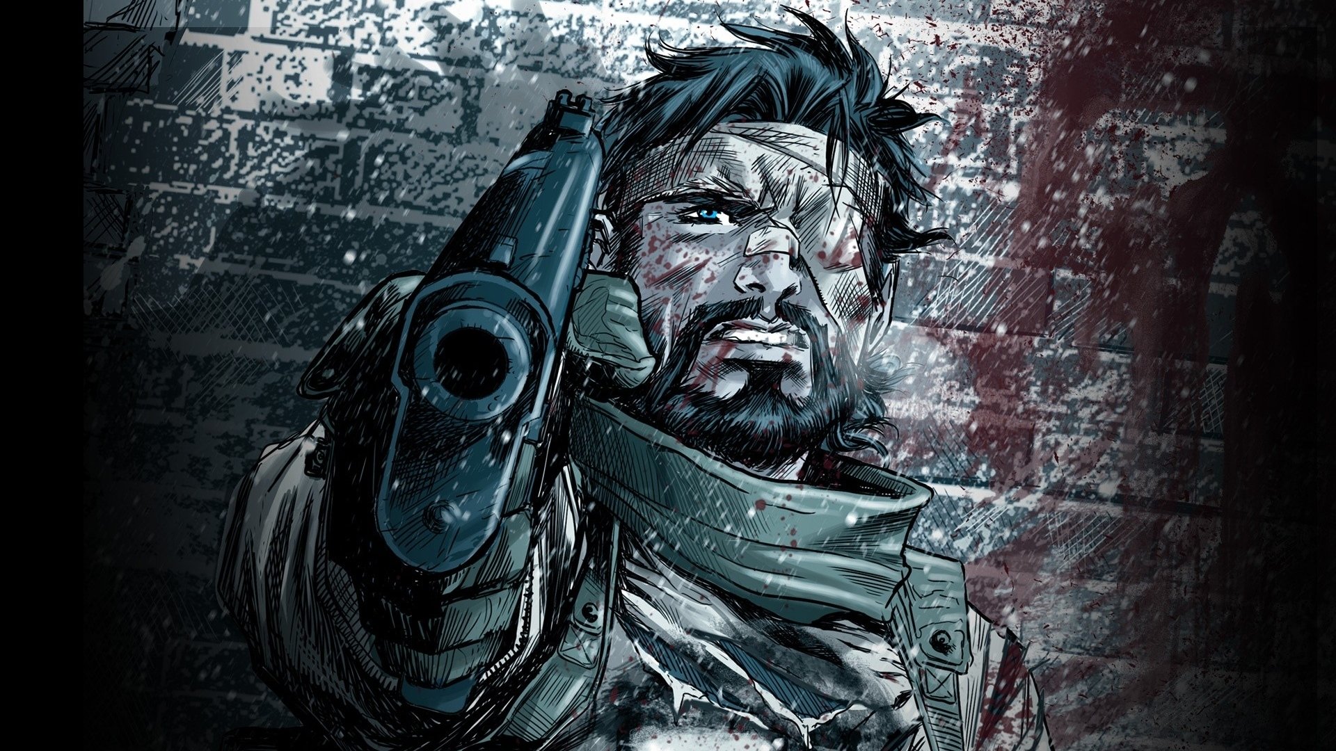 HD PC desktop wallpaper featuring a gritty comic-style illustration of the Punisher aiming a large gun against a textured, dark urban background.