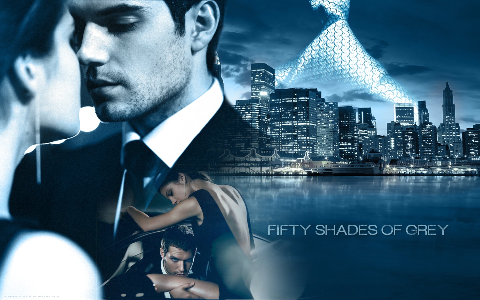 HD desktop wallpaper featuring thematic imagery from Fifty Shades of Grey with a cityscape and silhouettes of two people.