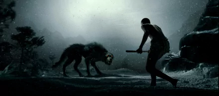 A dramatic scene from the movie 300, featuring a lone warrior facing a fierce creature in a moody, atmospheric setting. This HD wallpaper enhances any desktop background.