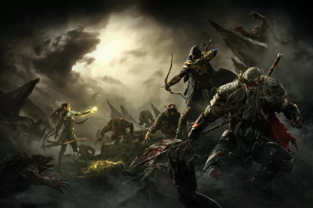 HD wallpaper from The Elder Scrolls Online depicting a dramatic battle scene with warriors and mystical creatures under a stormy sky.
