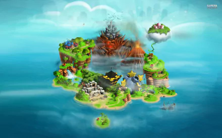 HD desktop wallpaper featuring the vibrant island world map from Super Mario RPG: Legend of the Seven Stars.