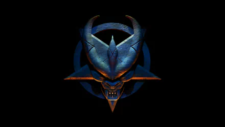 Video game Doom 64 HD PC desktop wallpaper: horned demonic skull emblem with blue circular sigil on a black background.