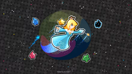 HD desktop wallpaper of Rosalina from Super Mario Galaxy, framed by colorful stars on a dark, starry background.