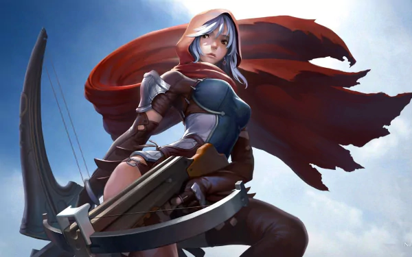 A fierce woman warrior with white hair and a red cloak stands confidently, wielding a crossbow against a vibrant sky, embodying a striking fantasy theme in this HD desktop wallpaper.