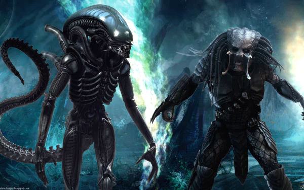 HD wallpaper featuring iconic characters from Sci-Fi, Alien vs. Predator. The image showcases the eerie Alien alongside the fierce Predator in a dramatic, shaded backdrop.