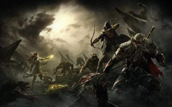 HD wallpaper from The Elder Scrolls Online depicting a dramatic battle scene with warriors and mystical creatures under a stormy sky.