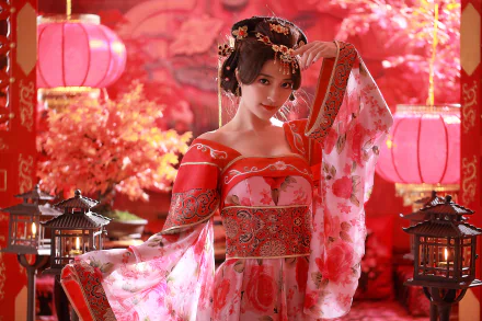 A woman in traditional Taiwanese costume poses gracefully with intricate hair adornments, surrounded by bonsai, lanterns, and candles, capturing the essence of cultural beauty.