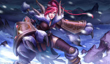 A fierce character from League of Legends, VI stands in a snowy landscape, clad in fur and armor, showcasing her readiness for battle in this HD desktop wallpaper.