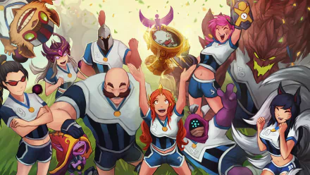 HD desktop wallpaper featuring several League of Legends champions, including Jax, Vi, Pantheon, Malphite, Leona, Braum, Ahri, Lulu, Syndra, Vayne, and Ziggs, in a cheerful, celebratory scene.