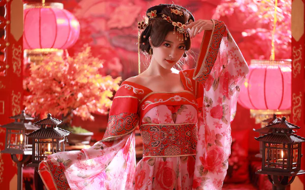 A woman in traditional Taiwanese costume poses gracefully with intricate hair adornments, surrounded by bonsai, lanterns, and candles, capturing the essence of cultural beauty.