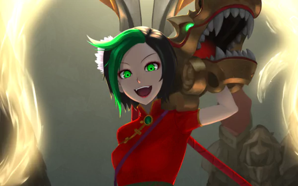 HD desktop wallpaper featuring Jinx from League of Legends in vibrant colors with Vel'koz, showcasing a captivating scene from the popular video game.