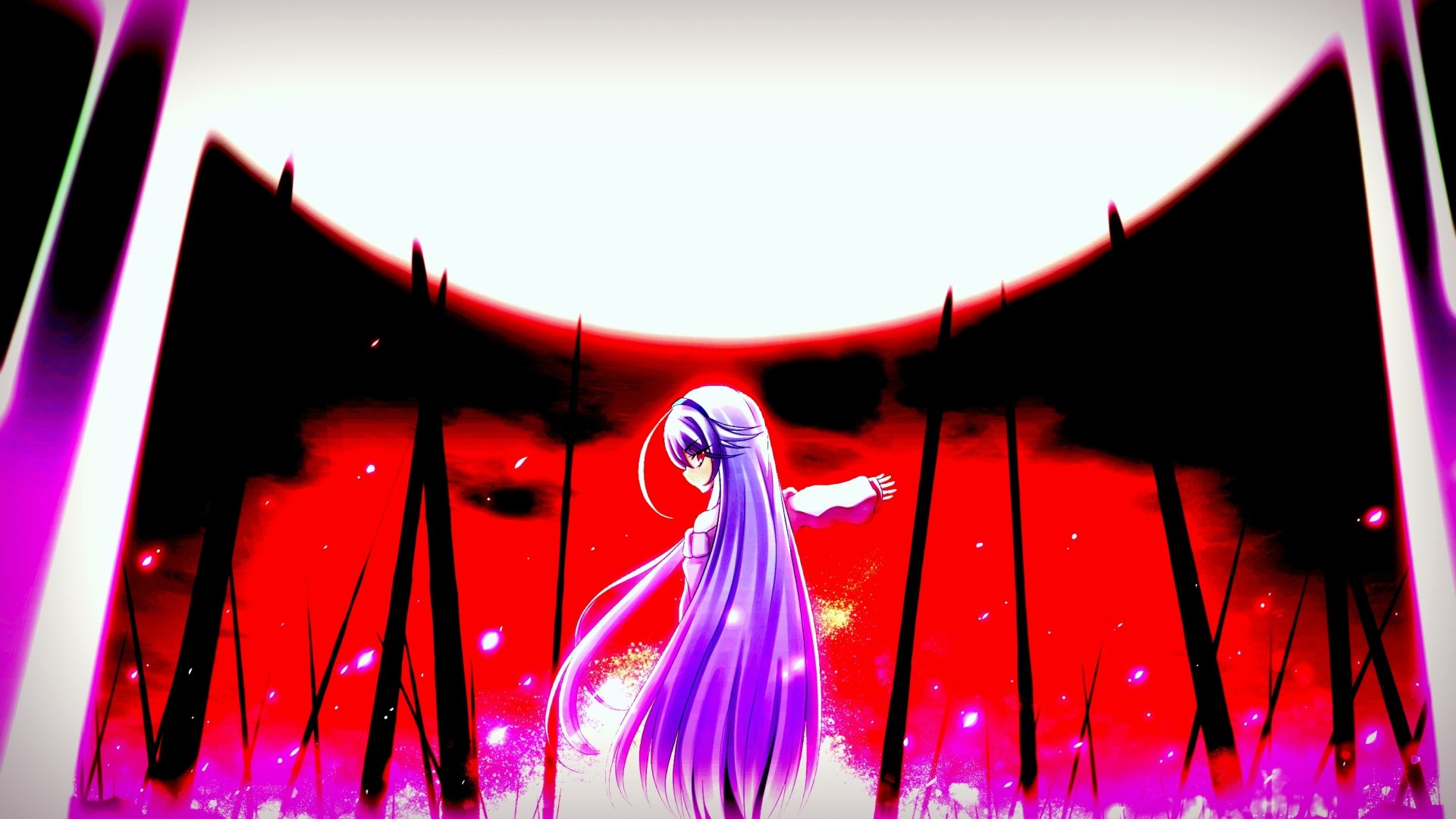 Pink anime original 2K Quad HD PC desktop wallpaper: lone long-haired purple girl stands in a glowing pink-red field beneath a crescent moon silhouette and jagged black spires.