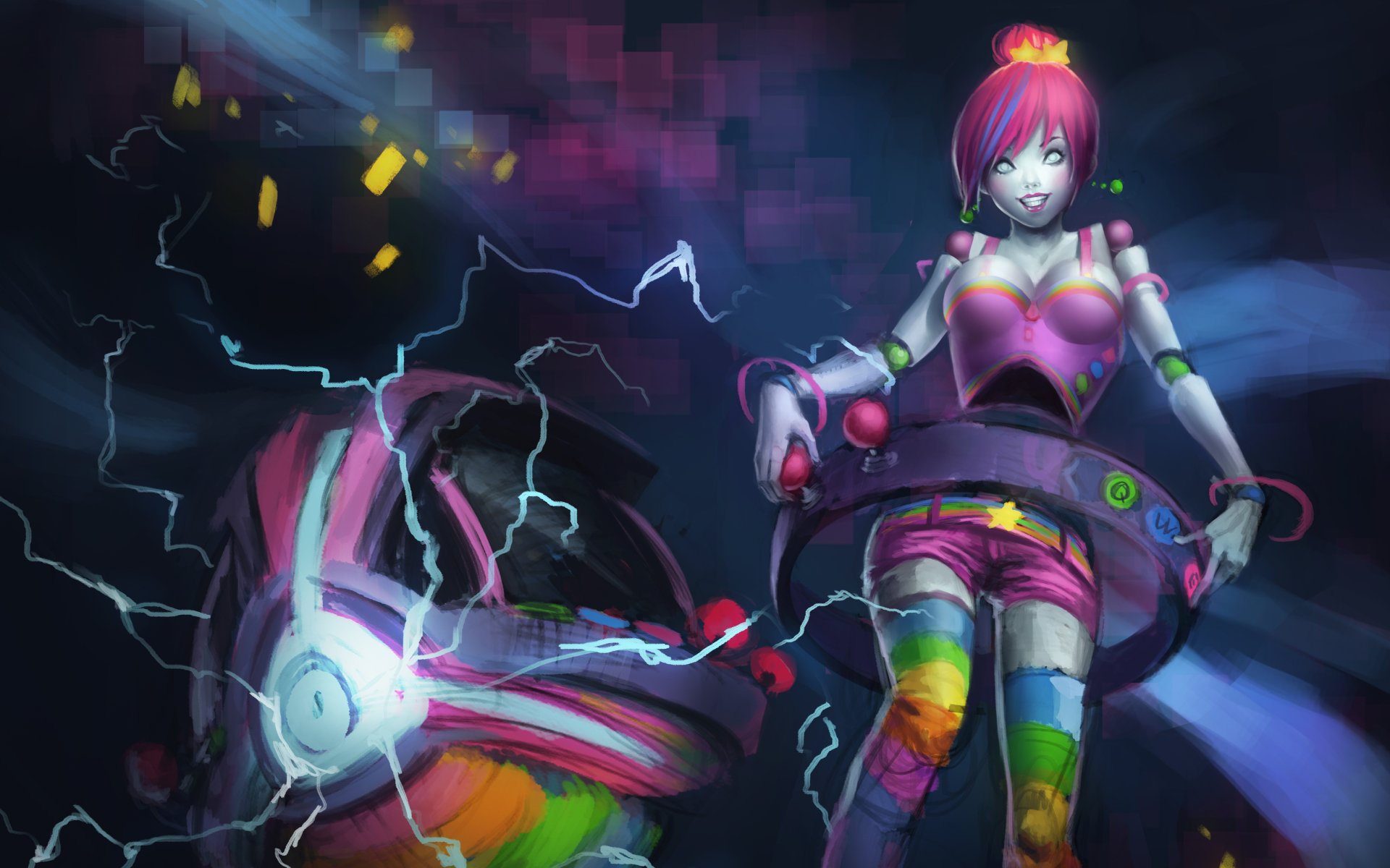 4K Ultra HD wallpaper featuring Orianna from League of Legends, showcasing vibrant colors and dynamic electric effects in a video game-themed desktop background.