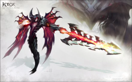 Aatrox from League of Legends stands with a fiery sword, showcasing his dark, imposing design in this HD PC desktop wallpaper. A striking representation of the video game character.