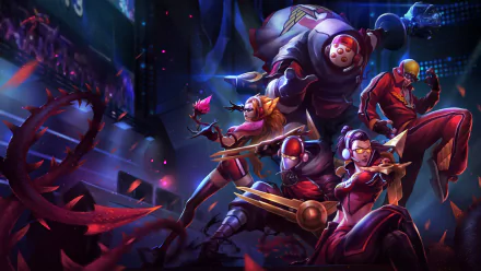 HD desktop wallpaper featuring League of Legends champions Zed, Vayne, Lee Sin, Zyra, and Jax in action-packed poses.