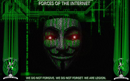 HD desktop wallpaper featuring an anonymous mask with glowing red eyes, surrounded by digital green circuitry, labeled Forces of the Internet with the message We do not forgive. We do not forget. We are legion.
