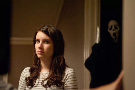 A scene from the movie Scream 4 featuring a girl with long, dark hair and a striped shirt looking concerned, while the Ghostface killer lurks in the background. HD desktop wallpaper and background.