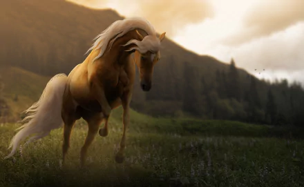 A majestic horse rears up in a stunning natural landscape, captured in high definition, making for an eye-catching desktop wallpaper and background.