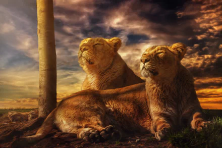 A serene evening scene features two lionesses resting peacefully against a vibrant sky, creating an enchanting backdrop for a 4K Ultra HD desktop wallpaper.