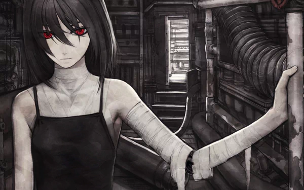A melancholic cyborg with red eyes and bandaged arms stands amidst industrial pipes, conveying a sense of sadness in this original anime HD desktop wallpaper.