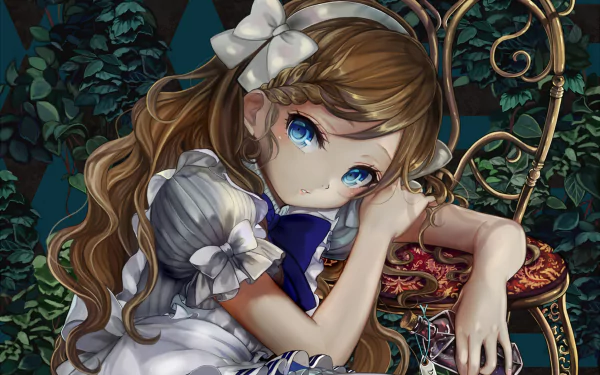 A beautifully detailed HD anime wallpaper of Alice from Alice in Wonderland, featuring her with long hair and a blue dress, sitting elegantly on a chair surrounded by foliage.