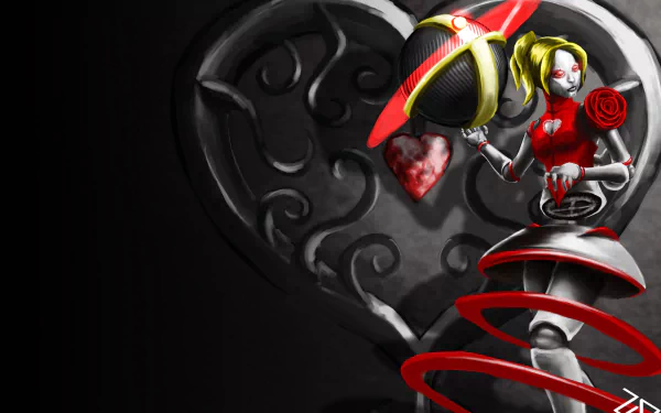 Orianna (League Of Legends) in a red heart-themed skin, floating with her mechanical ball against a dark heart backdrop — 4K Ultra HD PC desktop wallpaper/background, video game art.