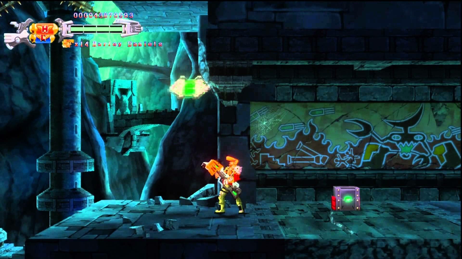 HD desktop wallpaper from Hard Corps: Uprising, featuring a character in mid-action in a side-scrolling level.