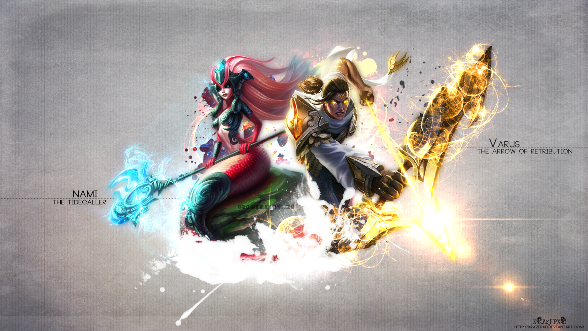 HD desktop wallpaper featuring Varus, the Arrow of Retribution, and Nami, the Tidecaller, from League of Legends, showcasing their dynamic designs in a vibrant display.