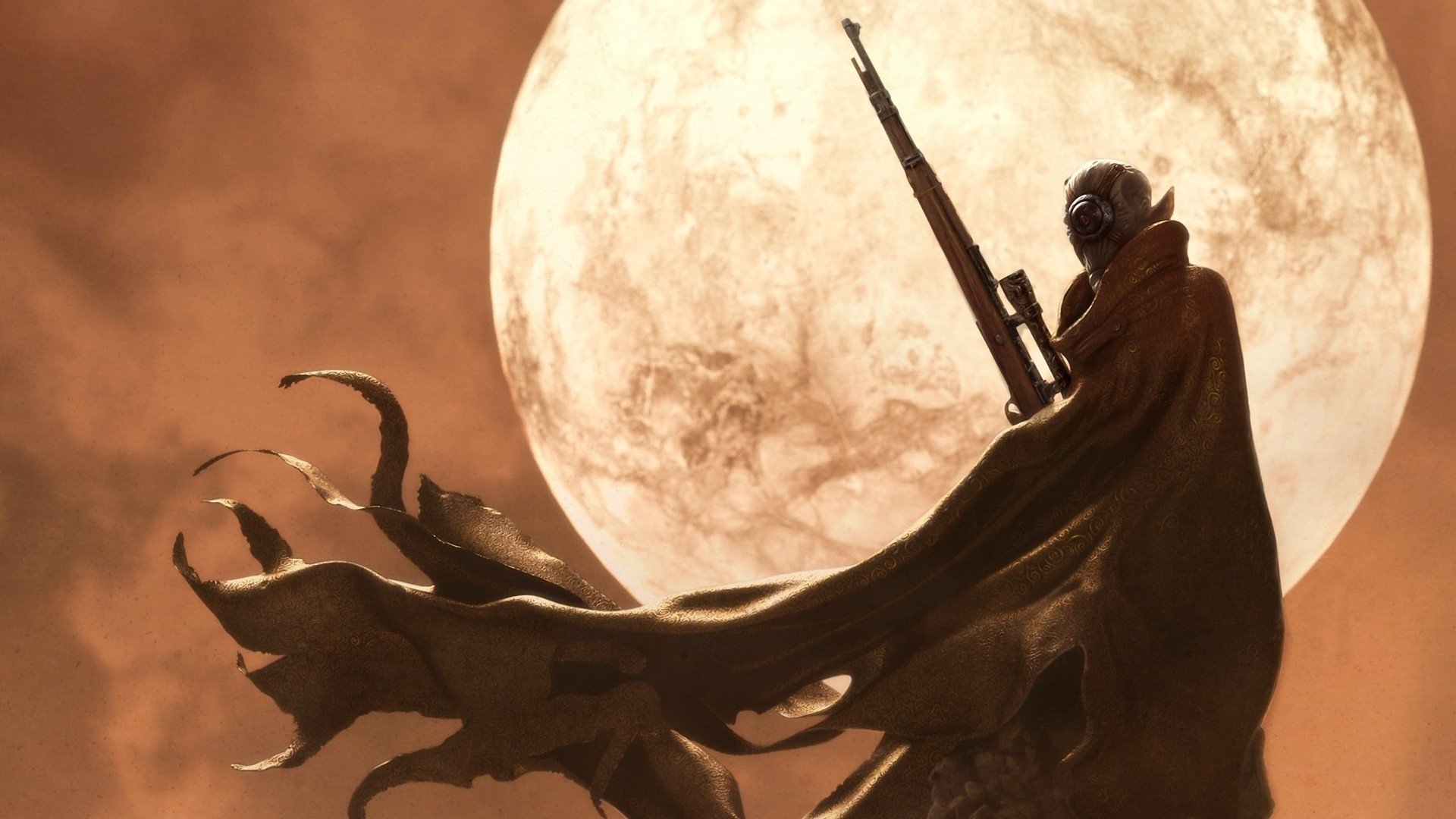A silhouetted warrior in a flowing cloak stands against a dramatic orange sky, holding a rifle, with a large moon illuminating the scene. Sci-fi themed HD desktop wallpaper.